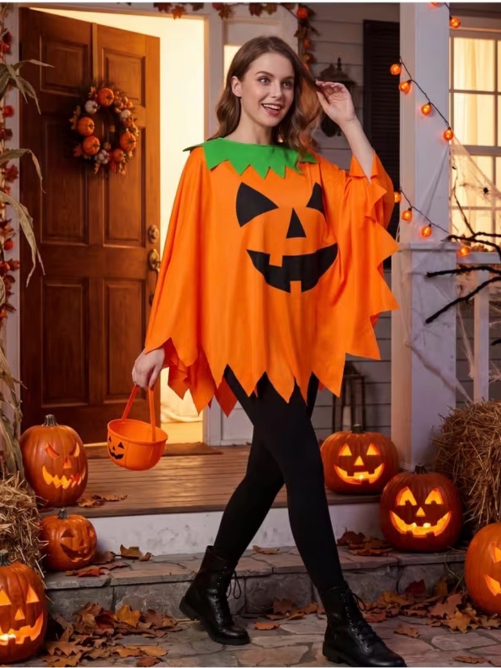 Orange Pumpkin Poncho Kids Costume - Classic Jack-O'-Lantern